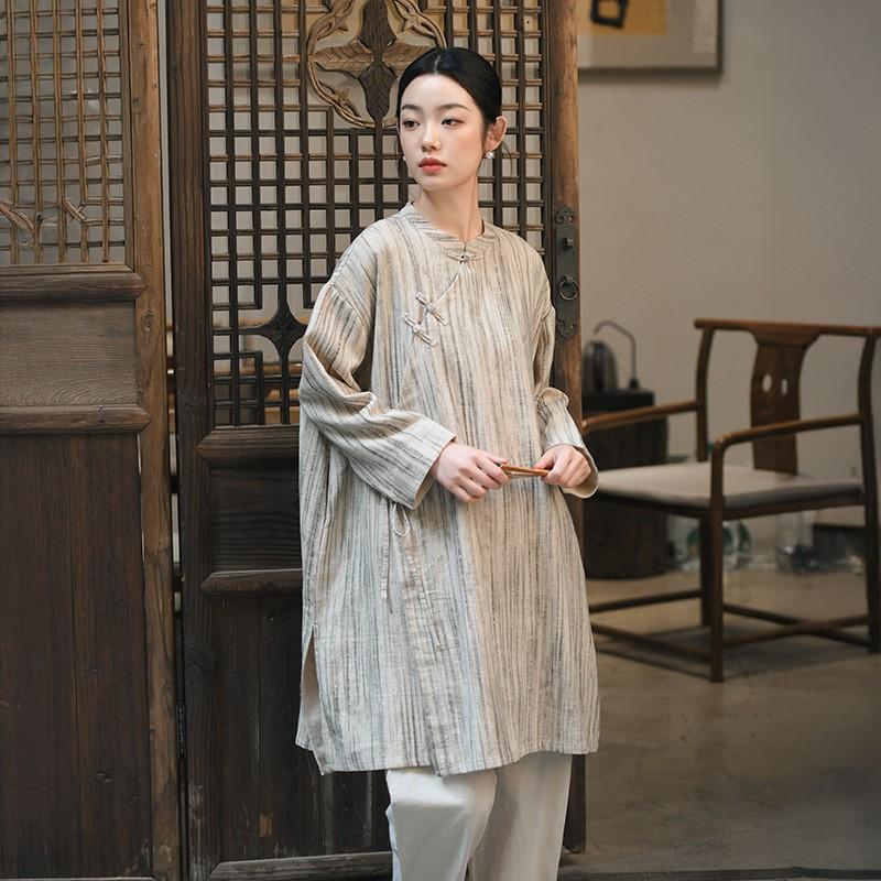 Johnature Women Vintage Striped Shirts Tops Stand Long Sleeve Loose Spring Blouses Button Chinese Style Shirt