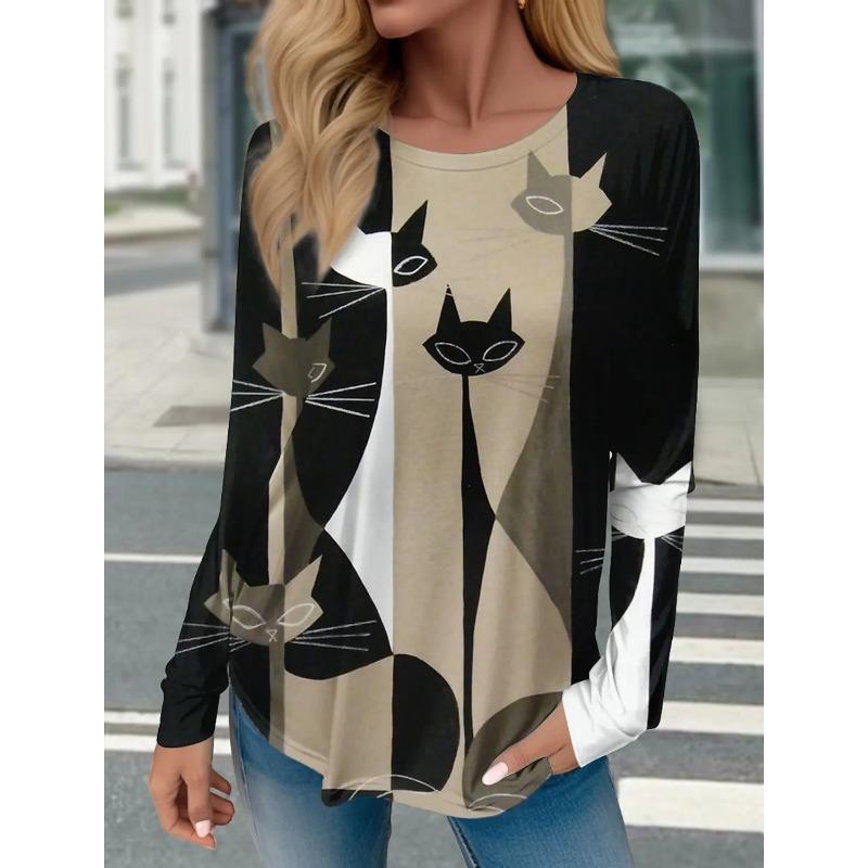 Women's T-shirt 3D Printed Art Design Cat Pattern Long Sleeved Fun Round Neck Top