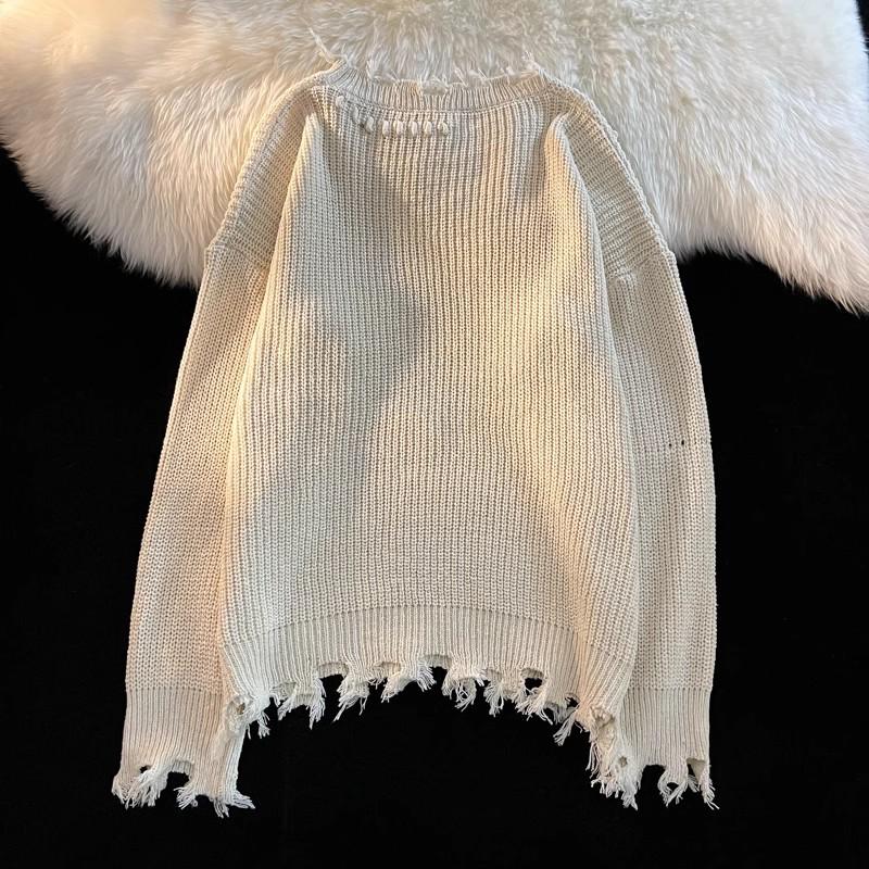 Сплошной рваный свитер для женщин и мужчин, весна-осень, необработанный край, длинные рукава, свободный трикотаж, модные универсальные трендовые пуловеры