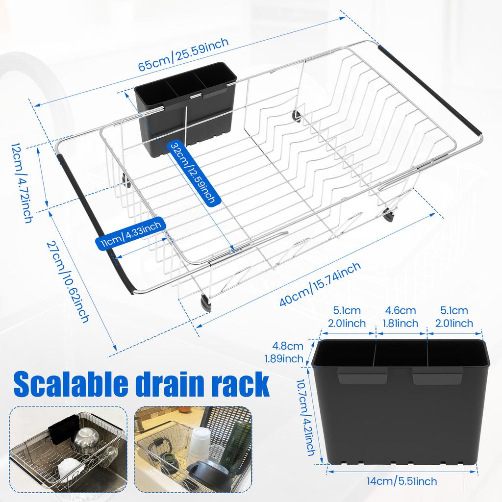 Adjustable Sink Dish Drying Rack Carbon Steel Tableware Rack with Nonslip Rubber Arm and Utensil Holder Kitchen Fruit Drainer