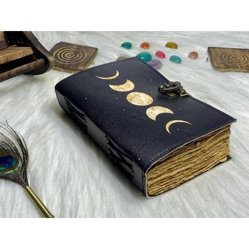 Moon Phase Leather Journal Handmade Celestial Notebook with Vintage Paper