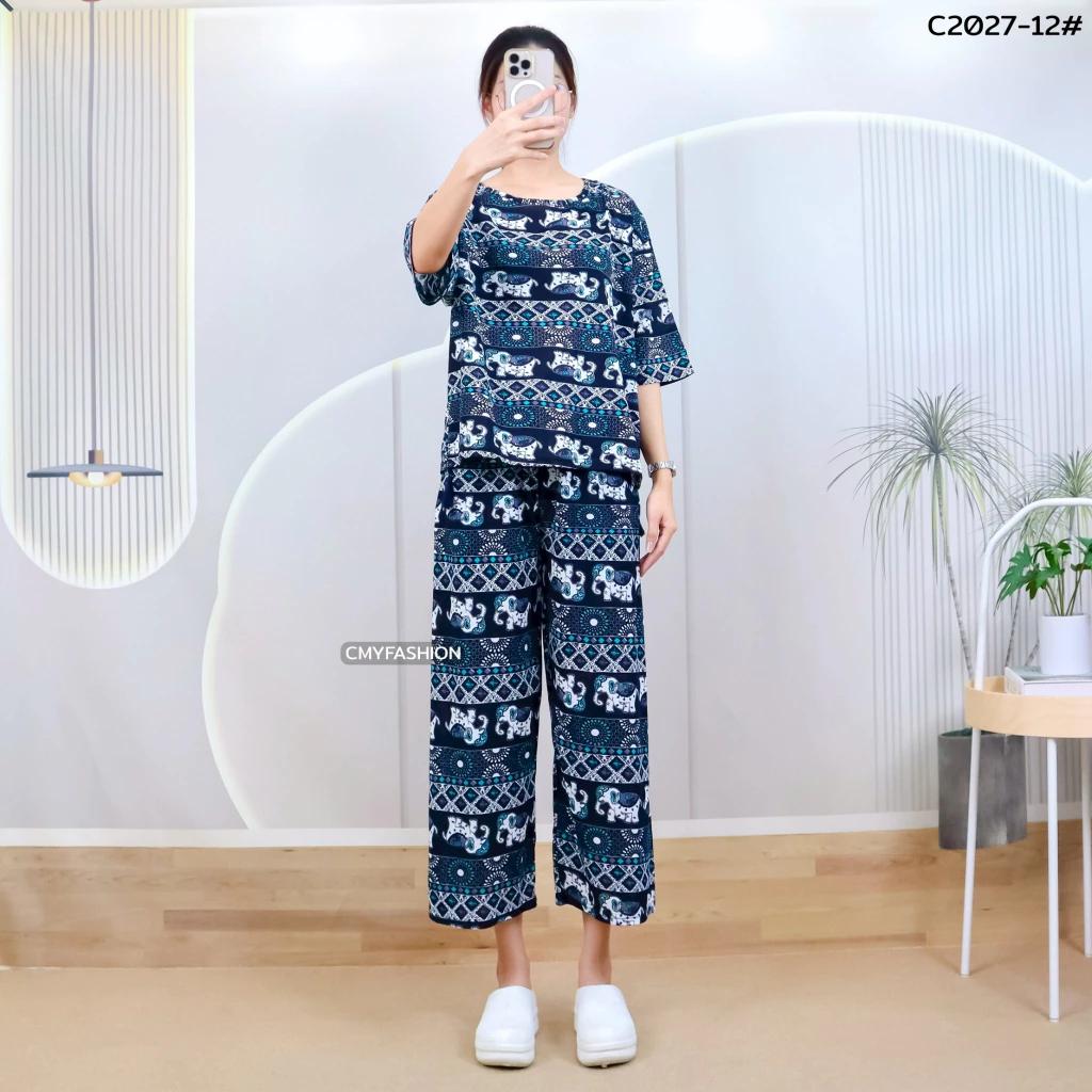 Слон Штаны Шорты Рубашка Комплект Круглый Вырез Укороченный Короткий Рукав Регулируемый Эластичный Пояс Завязка Женский Принт Повседневный Пляжный Бохо Богемный Ретро Винтаж