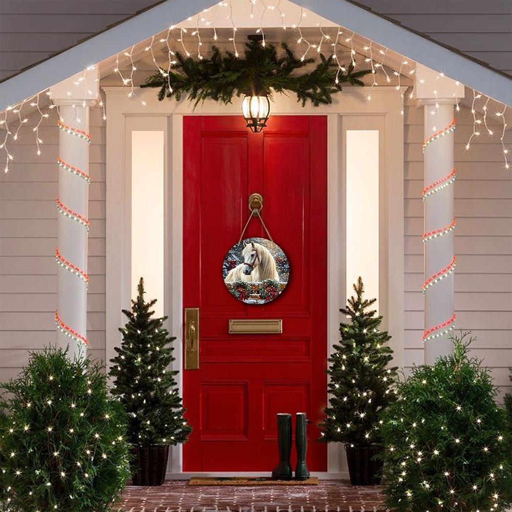 Теплая зимняя деревянная рождественская табличка с узором белой лошади, круглая рождественская табличка для декора на входную дверь или стену, идеальный рождественский подарок