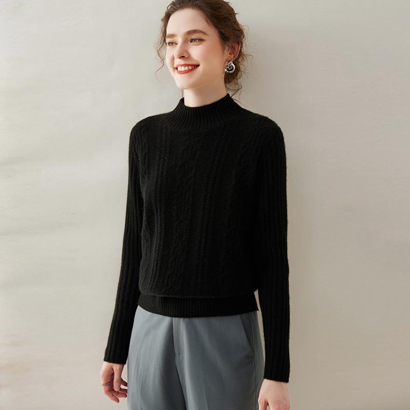 2024 Autumn/Winter Women's Retro Cable Knit Half-High Neck Cashmere Loose Pullover Sweater - Simple Solid Color Base Layer