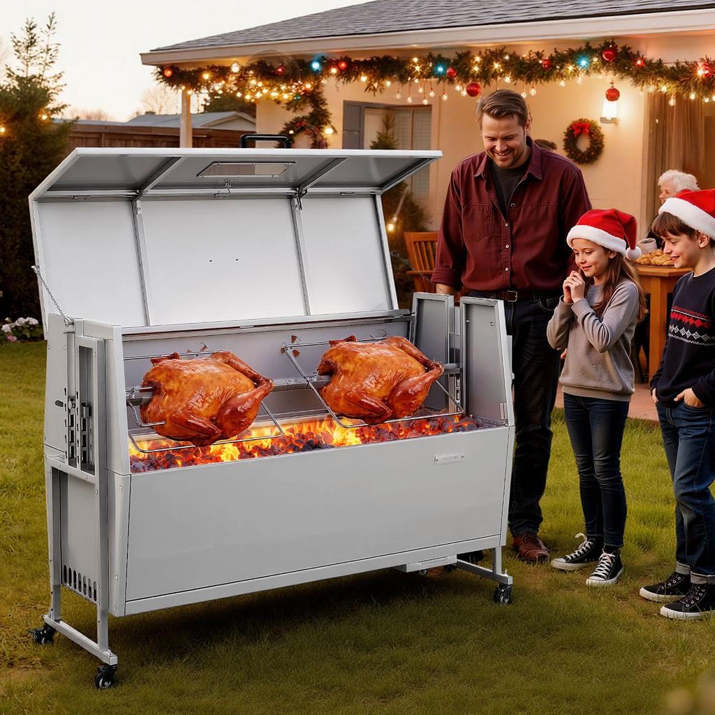 VEVOR Rotisserie Grill 38W BBQ Outdoor Pig & Lamb Spit Roaster, Charcoal Spit Roaster with 60 kg Capacity, Wheels & 4-Level Height