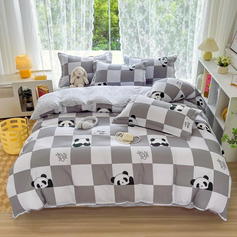 Cute Panda Duvet Cover Twin Queen Size for Kids Girls Boys Room Decor,Gray Grid Bedding Set 3pcs,Cartoon Animals Comforter Cover