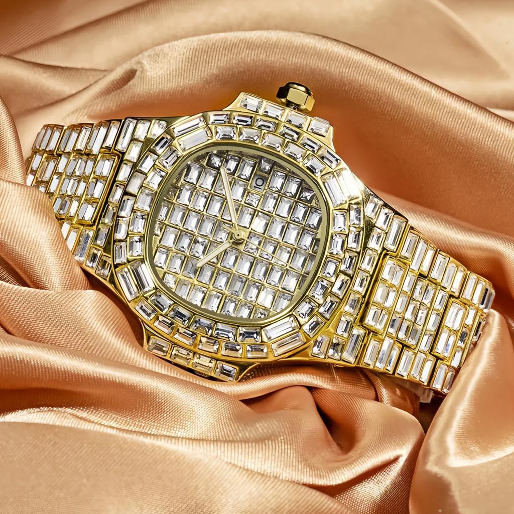 MISSFOX-Waterproof Calendar Luxury Full Diamond Square Diamond Мужские кварцевые часы в стиле хип-хоп