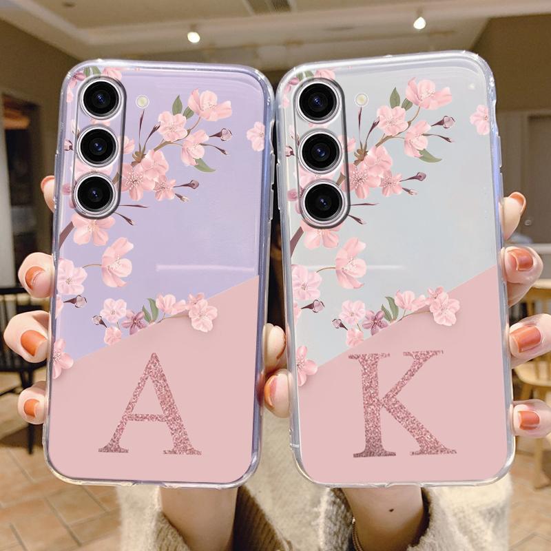 Для Samsung Galaxy A25 A14 A24 A34 A54 A15 A56 A06 A17 Чехол для телефона Обложка Буква A Z Розовые Цветы Прозрачный Мягкий Задний TPU Fundas Чехол