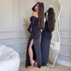 Осень 2025 Европейское и американское женское платье-бодикон с открытыми плечами, сексуальное, с драпировкой и боковым разрезом