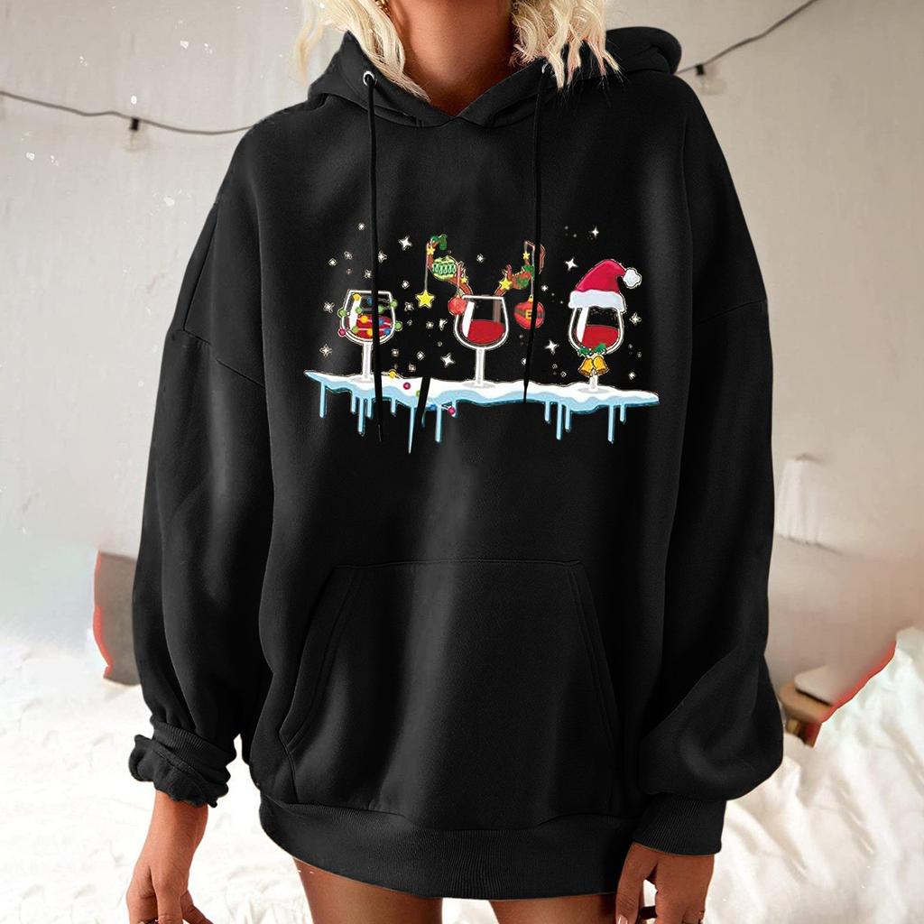 Женская мода для отдыха, рождественской вечеринки, пуловер с длинными рукавами и капюшоном с принтом, топ