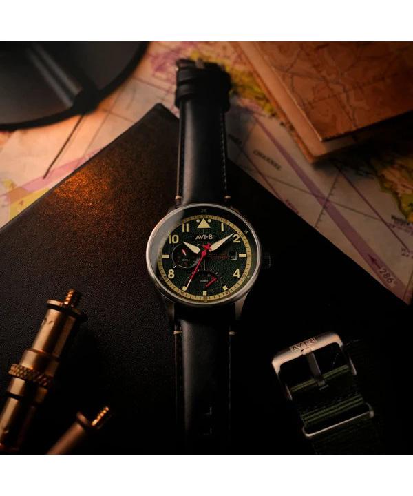 AVI-8 Hawker Hurricane Mckellar Dual Time Готический зеленый циферблат Кварцевые AV-4101-0A Мужские часы с дополнительным ремешком