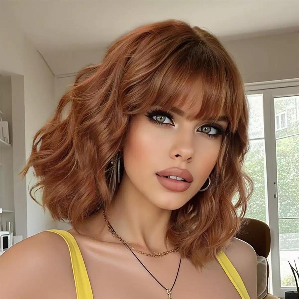 Explosive wig Color short curly hair Qi bangs Water ripple short curly hair wig Full headgear