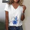 Простая графическая печать свободного покроя женская трендовая одежда новая женская футболка модная рубашка с коротким рукавом женская блузка с V-образным вырезом 2025