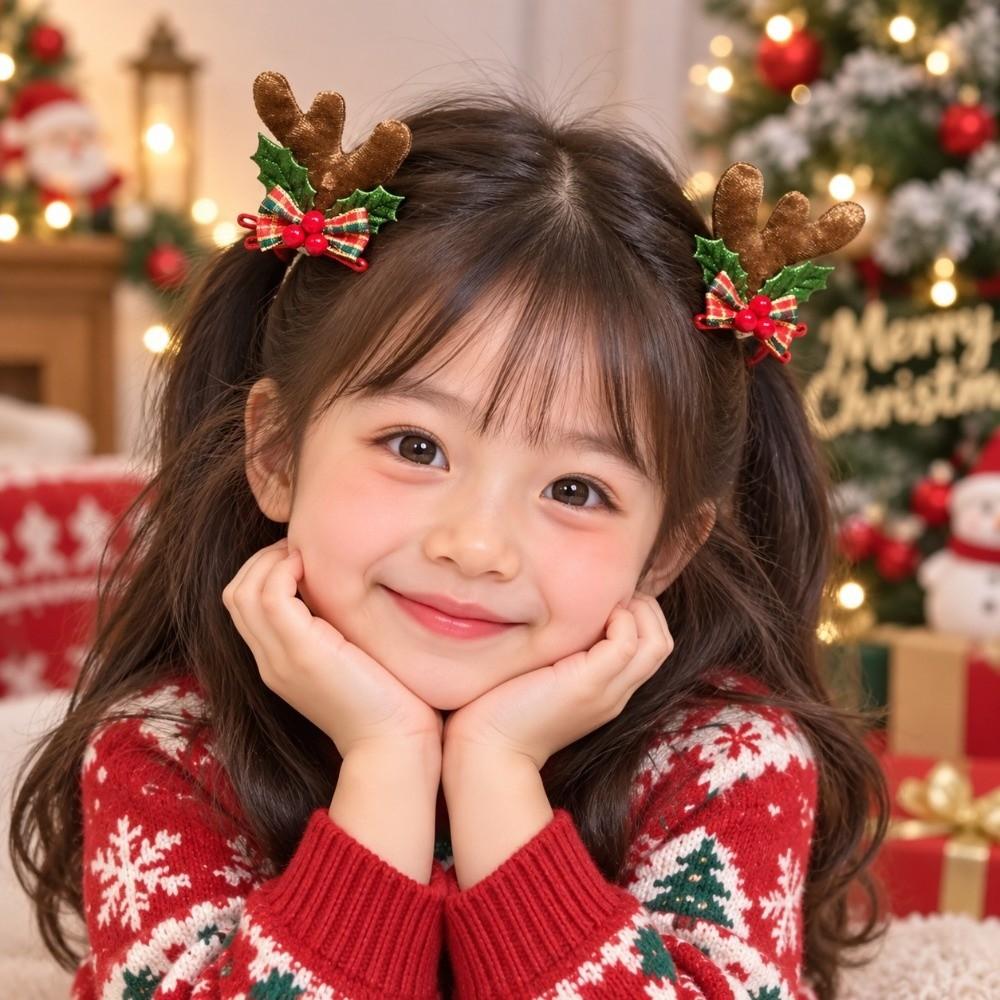 2pcs/set Pom-pom Reindeer Antler Hair Clips with Bow Plush Hair Clips for Kids
