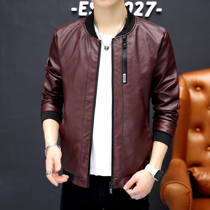 Spring and Autumn Baseball Collar Casual Jacket Youth Slim Washed Leather Jacket Fashion