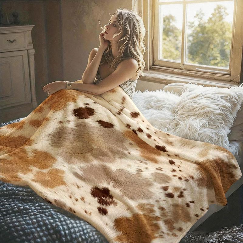 Cow Hide Spots Brown Flannel Blanket Perfect for Sofa Office Bed Travel Sleep Read Relax Camping Four Season Use