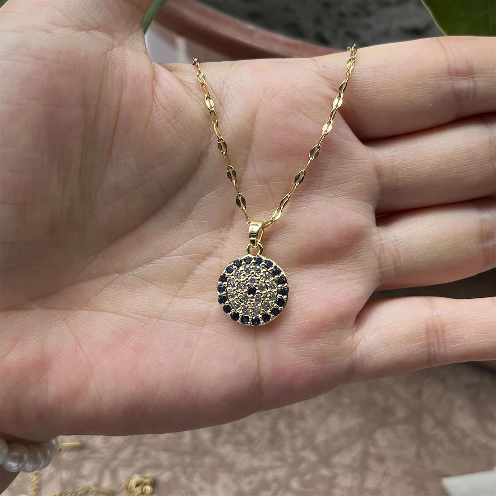 Stainless Steel Round Evil Eye Necklace For Women Men Couple Gift Cubic Zircon Turkish Blue Eye Link Chain Choker Dropshipping