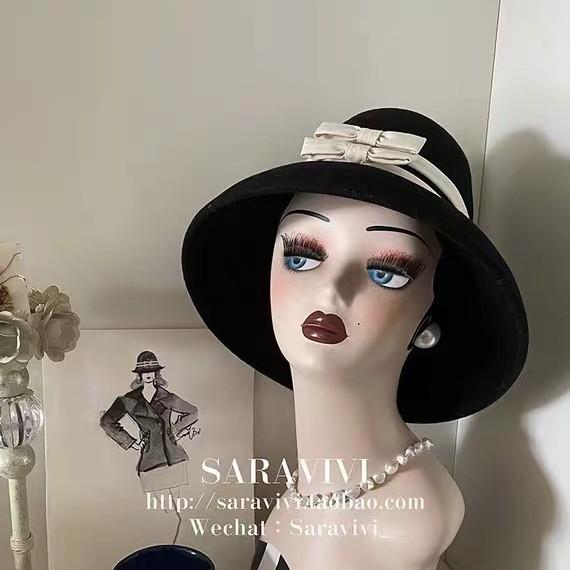 Autumn new wool felt hat Hepburn style woolen hat bow webbing fashion concave basin hat