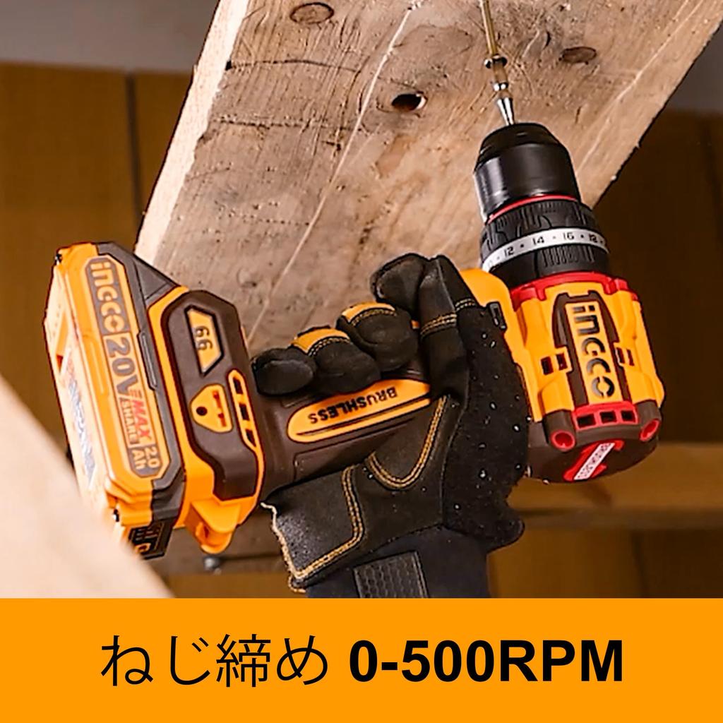 Бесщеточная ударная дрель INGCO 20 В с крутящим моментом 66 Нм 2 аккумулятора по 2,0 Ач и зарядное устройство