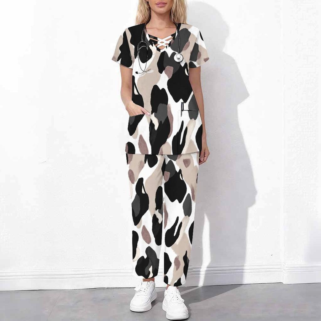 Women Plus Size Pink Orange Printed Cutout Neck Short Sleeve Scrub Set Pocket Top Long Pants