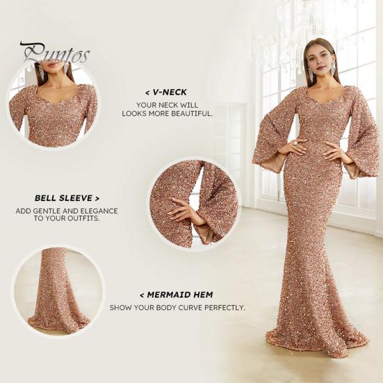 Женское вечернее платье с рукавами-колокольчиками, пайетками, А-силуэта, облегающего кроя, глубоким вырезом, V-образным вырезом, макси-платье со средней талией и застежкой-молнией сзади, выпускное платье