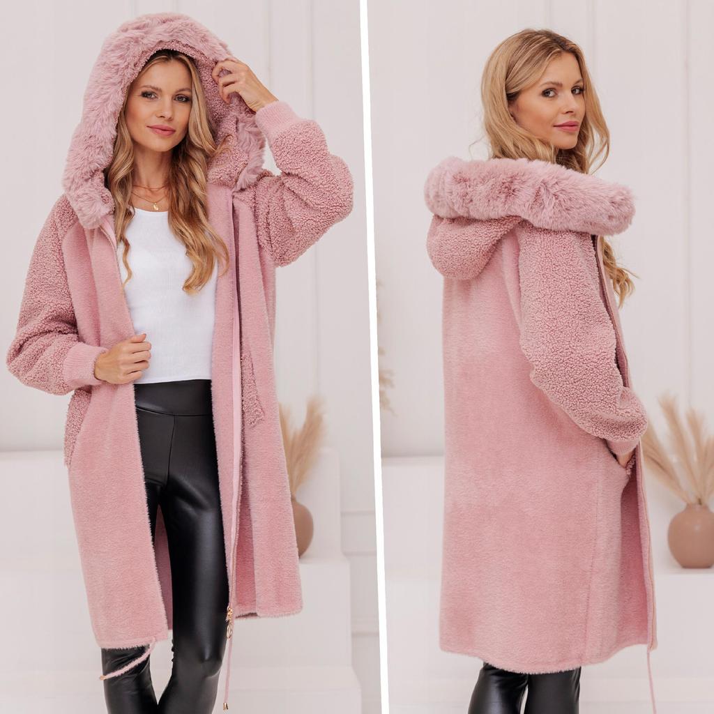 Long Warm Alpaca Sheepskin Wool Coat Warm Alpaca Hooded Bottle Green