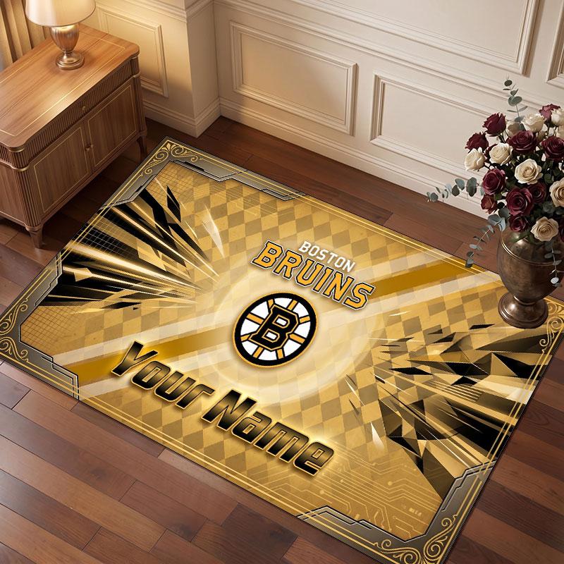 Boston Bruins Personalized Crystal Velvet Carpet, Customized Name Text Soft Anti‑Slip Rug for Living Room Bedroom