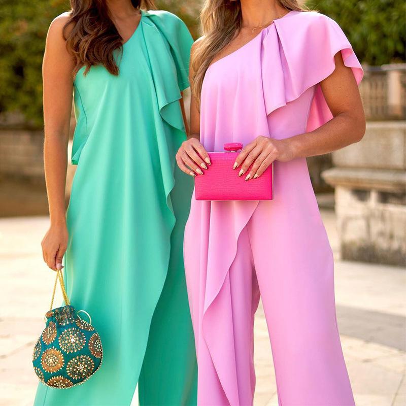 Summer Women's Fashion Solid Colour Loose Diagonal Shoulder Long Jumpsuit