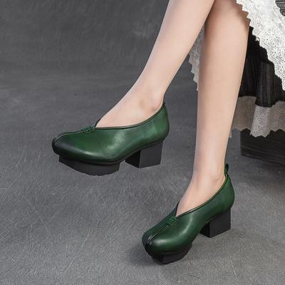 Мода GKTINOO Весна Осень Этнический Стиль Круглый Носок Высокий Каблук Туфли для Мамы Кожаная Платформа Ретро Натуральная Кожа Лодочки Женская Обувь