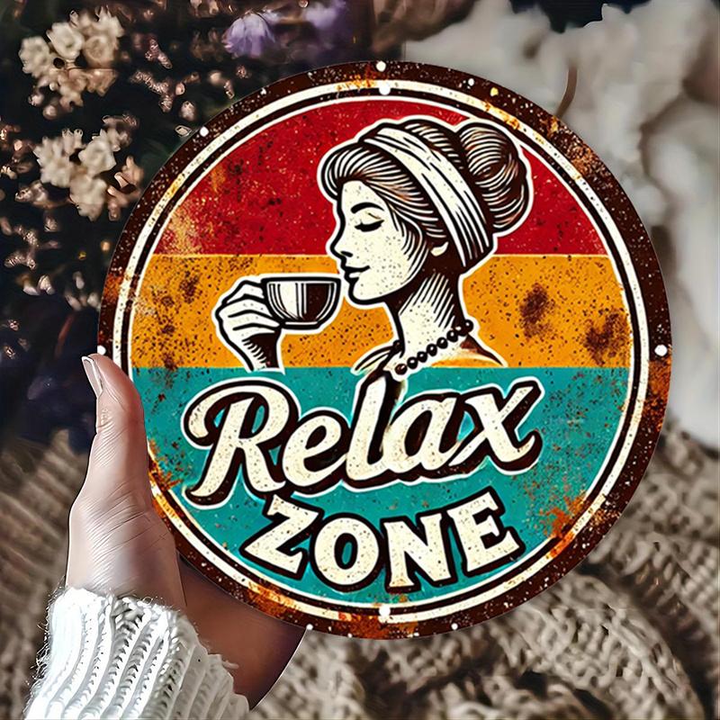 Vintage Relax Zone Aluminum Sign Round Rustic Metal Wall Art Plaque For Home Cafe Garage Living Room Balcony Decor