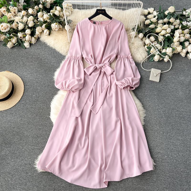 Женские винтажные милые платья средней длины с высокой талией А-силуэта с круглым вырезом и рукавами-фонариками на шнуровке Vestidos весна-лето Женское платье
