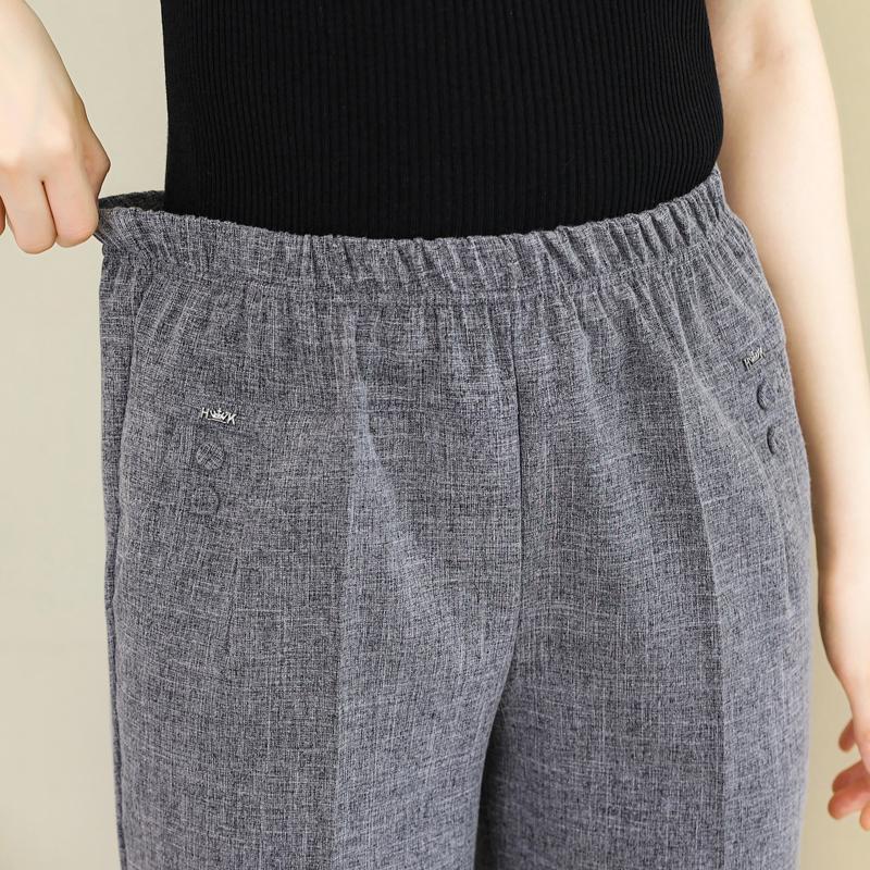 Summer High Waist Straight Pants for Women Plus Size Classic Elastic Waist Cotton Linen Trousers
