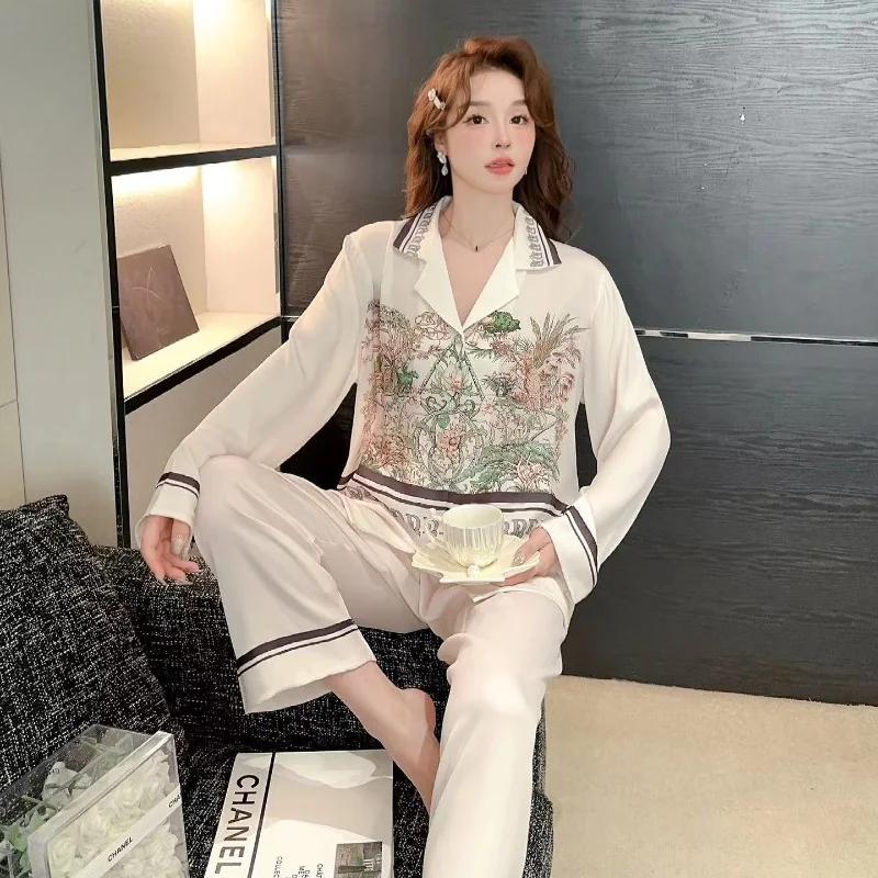 Spring New Cardigan Lapel Ice Silk Women's Pajamas Long-sleeved Trousers Two-piece Home Wear Set