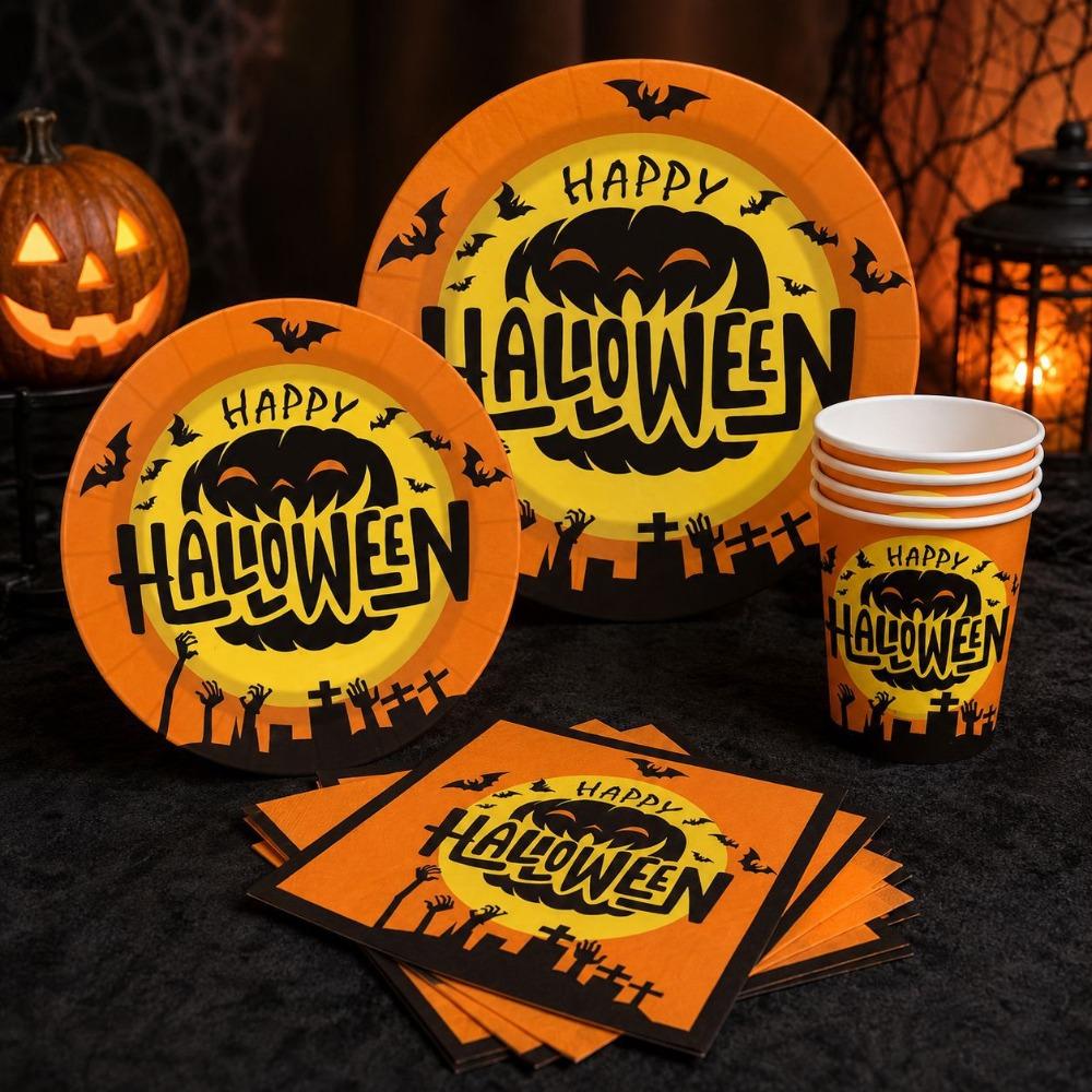 Decorative Disposable Plate Cup Set Pumpkin Pattern Disposable Utensils Set Ghost Festival