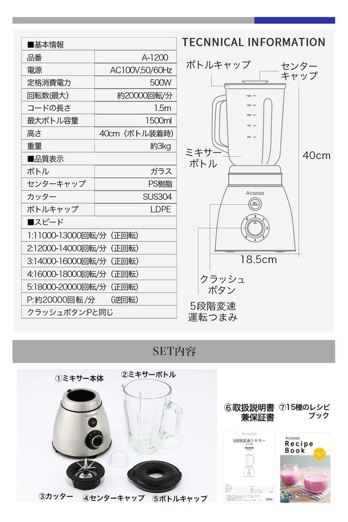 Acasas Professional Juicer That Allows You To Make Variable Speed 500W High Power That Can Crush 1500ml Large Capacity Glass Bottle Smoothies, 5-speed