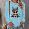Tops For Women Cute Owl Print Round Neck Long Sleeve T-shirt Fall Casual Slim Pullover Women's Long Sleeve Top