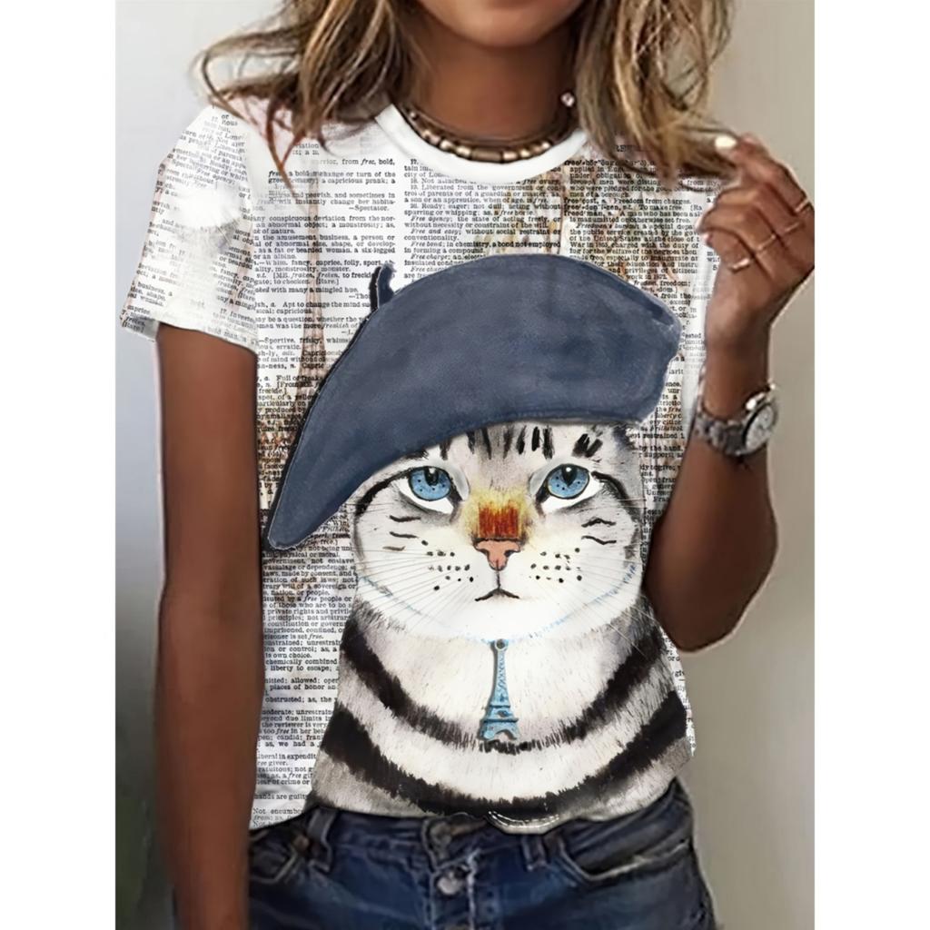 Women's TShirt Cat Print Design Harajuku Casual Short Sleeved Top Fashionable Trend Clothing