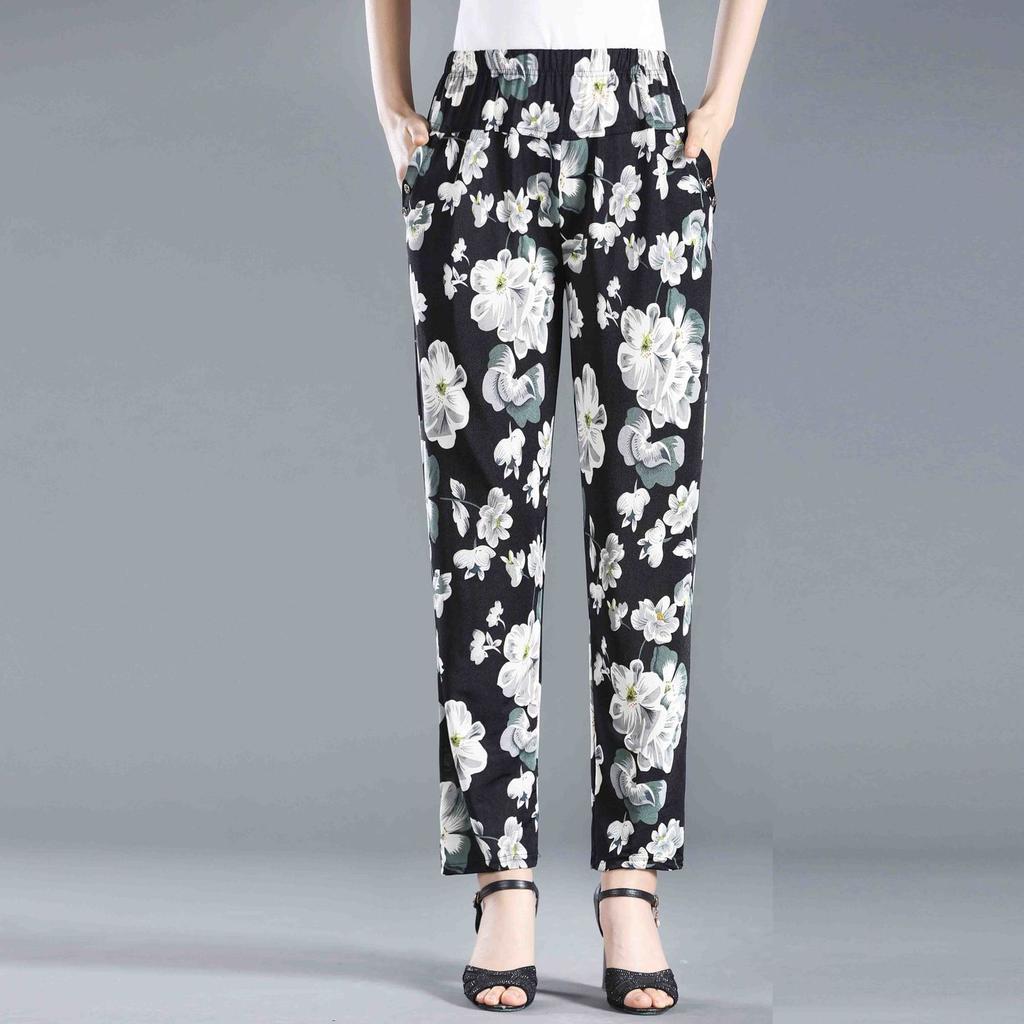 Летние брюки с цветочным принтом для женщин среднего и пожилого возраста. Эластичные брюки больших размеров с высокой талией для женщин пожилого возраста.