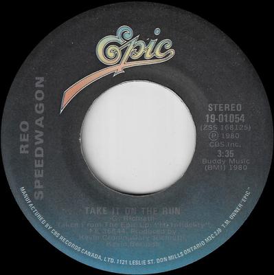7-дюймовая пластинка REO SPEEDWAGON Take It On The Run 1901054 EPIC 1980 Канада Рок Б/у