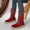 New Mid Calf Modern Boots for Women Winter Round Toe Knitted Leather Pacthwork Gothic Shoes Lace Up Side Zip Non-Slip Boot Botas