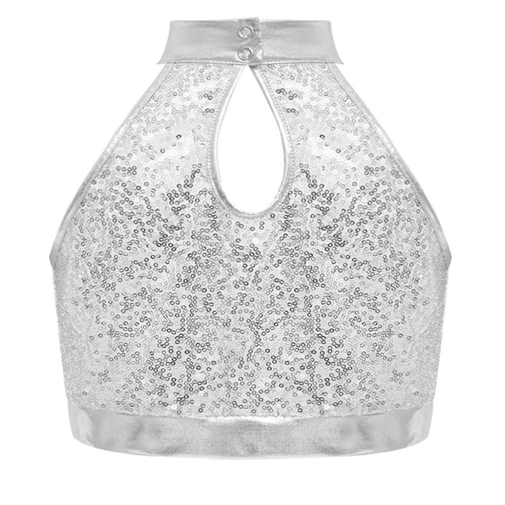 Girls Sleeveless Mock Neck Dance Crop Top Glitter Sequin Patchwork Keyhole Back Design Performance Top