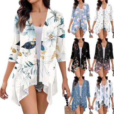 Женский кардиган неправильной формы с принтом, рукавами три четверти и карманной курткой