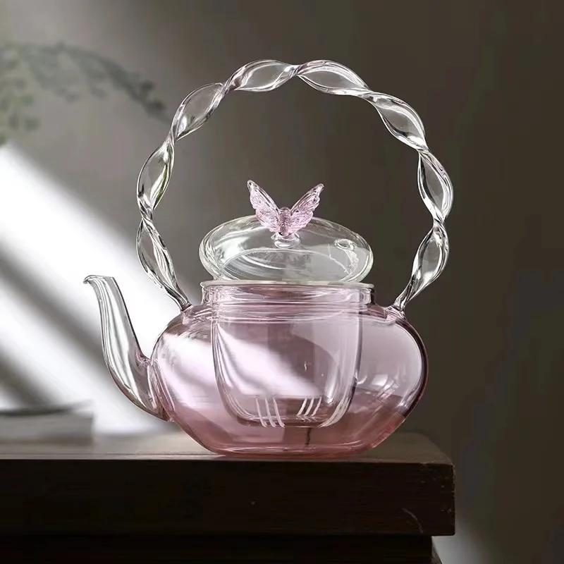 700ml Glass Teapot Tea Water Separation Handle Pot Creative Pink Butterfly Button Flower Teaset High Temperature Resistant Cup