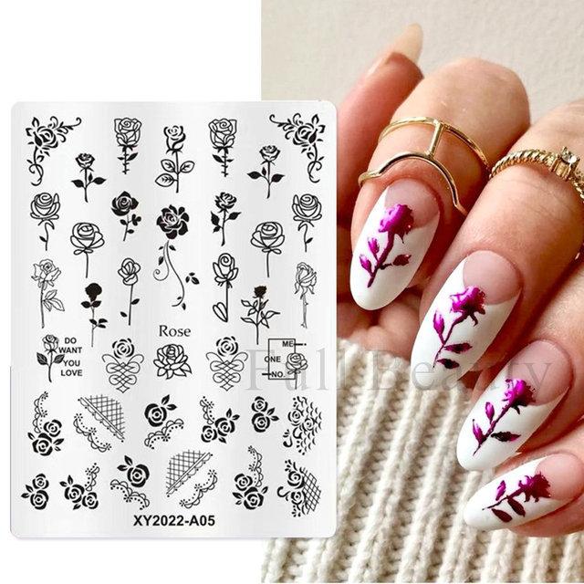 Штампы для дизайна ногтей во французском стиле, трафареты из нержавеющей стали с листьями и цветами, инструменты для штамповки изображений для ногтей