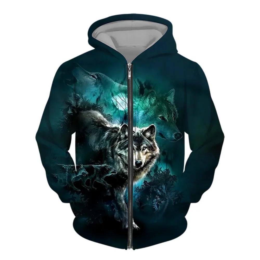 Men Zipper Hoodie Wolf 3D Printed Zipper Hoodie Men's Pullover Fashion Casual Sweater Street Harajuku Clothing Spring and Autumn