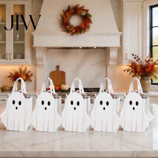 Holiday Snack Bags for School Halloween Ghost Cardboard Gift Bag, Cute Candy Goodie Reusable Small with Handle Birthday, Trick or Treat
