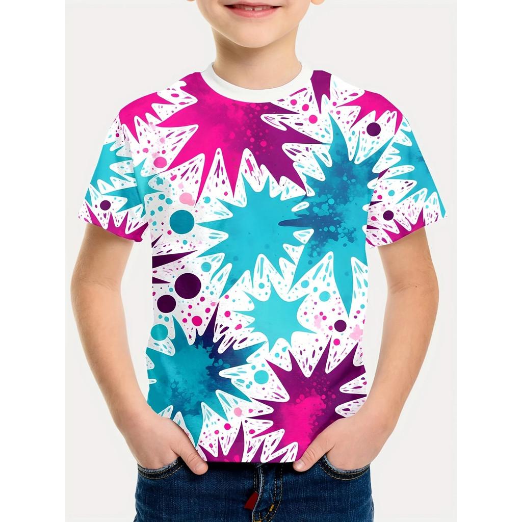 3D Tie-Dye Rainbow Print Kids' T-shirt Summer Fashion Casual Crew Neck Short-Sleeve Top for Boys & Girls