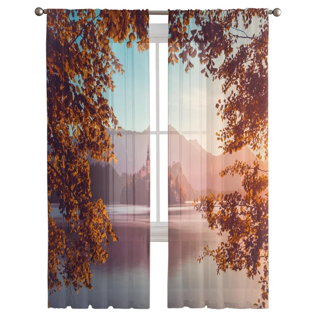 Castle Mountain Leaves Sky Tulle Curtains Balcony Room Fashion Printed Sheer Curtain Living Room Window Modern Decor