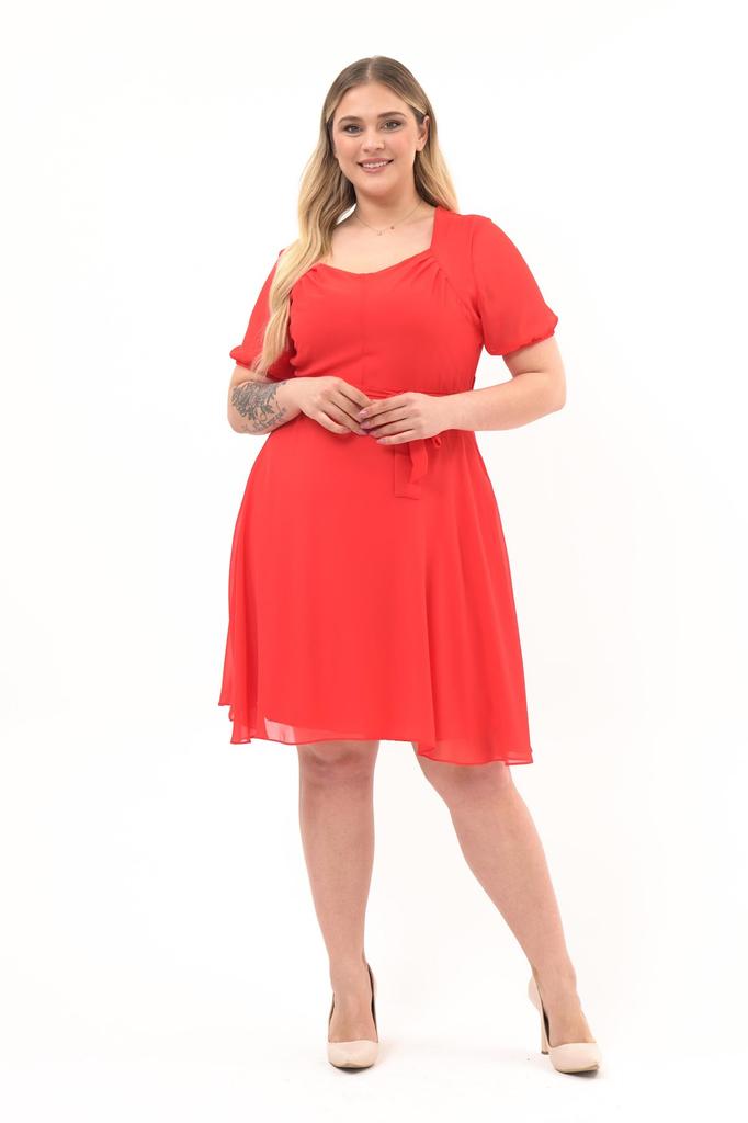 Women's Square Neck Pleated Detail Short Sleeve Midi Length Chiffon Dress 4469/105