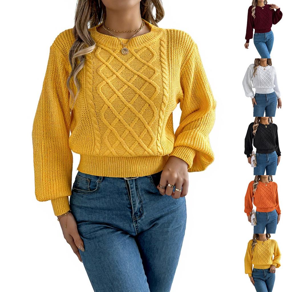 Women's Fashion Solid Color Cable-knit Long-sleeved Waist Pullover Sweater